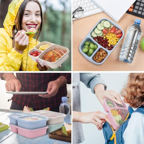 4 Pack Bento Lunch Box Set 3 Compartment Food Storage Containers Wheat Straw Meal Prep Lunch Box Plastic Food Storage Containers (4 Pack (light colour))