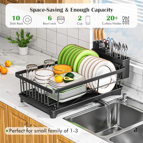 Dish Drying Rack for Small Kitchen Counter with Utensil Holder (Black)