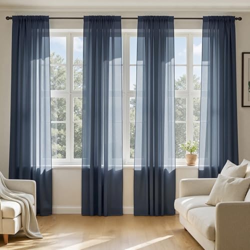 Navy Blue Sheer Curtains 90 Inches Long 4 Panels 42 x 90 Inches (42"W x 90"L (Pack of 4) / Navy Blue)