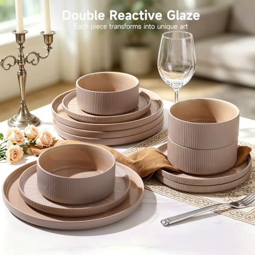 Stoneware Dinnerware Sets for 4 (Warm Brown / 4-Set(12pcs))