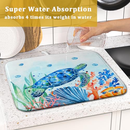 Sea Turtle Dish Drying Mat 16x18in Watercolor Blue Tortoise Dish Drainer Mats Nautical Ocean Coral Seashell Seaweed Microfiber Dish Drying Pad for Kitchen Countertop Small Decor (18" x 16")