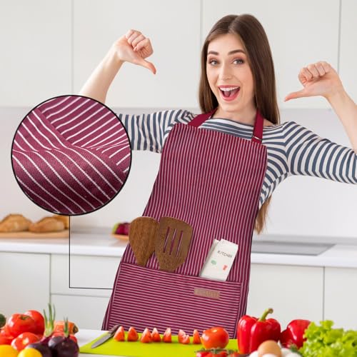 2 Pack Adjustable Bib Apron with 2 Pockets Chef Cooking Kitchen Restaurant Aprons for Women Men (Wine Pinstripes)