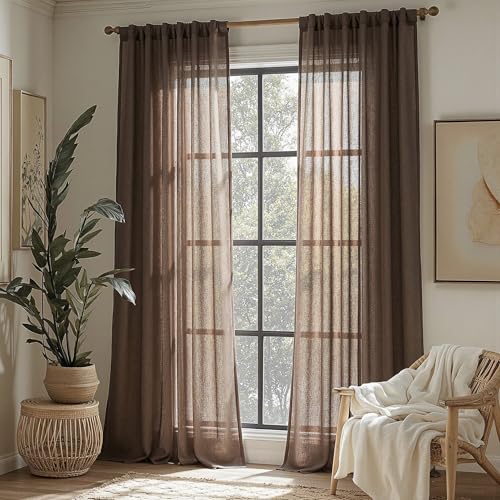 Dark Brown Curtains 96 Inches Long for Living Room Sliding Glass Door Semi Sheer Drapes Light Filtering Window Treatments Soft Farmhouse Style Privacy Protect Back Tab (50"W x 96"L (Pack of 2) / Dark Brown)