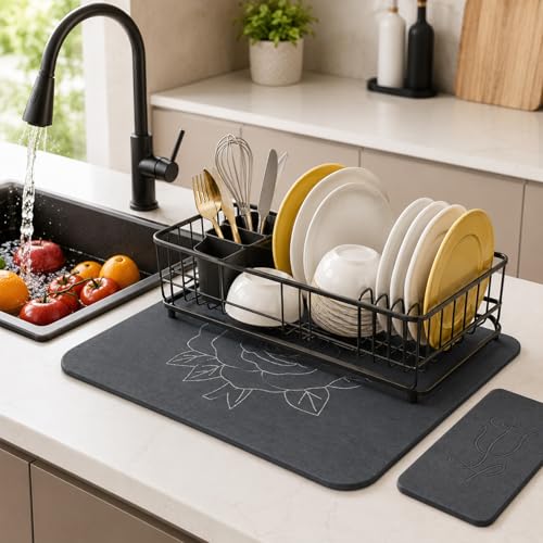 Stone Dish Drying Mat for Kitchen Counter (Silver & Grey / 16"×12")