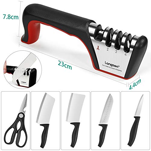 5-in-1 Knife Sharpener 4 Stage with Cut-Resistant Glove, Black+Red (Black+Red)