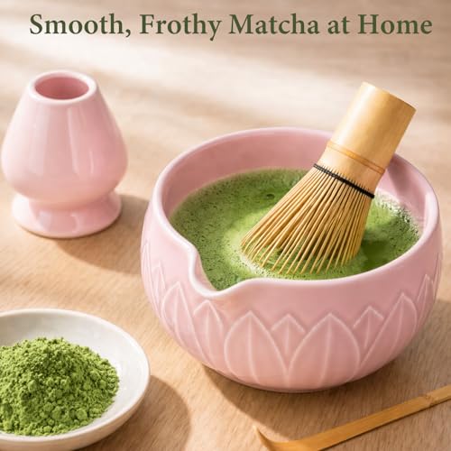 Matcha Whisk Set with Ceramic Bowl & Bamboo Chasen (Leaf Pink)