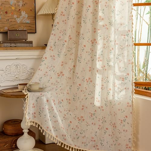 Pink Floral Boho Linen Farmhouse Spring Curtains 84 Inches Long 2 Panels Set Rustic Pattern Semi Sheer Drapes with Tassels Back Tab for Living Room Girls Bedroom Nursery (Pink / 50"W x 84"L (Pack of 2))