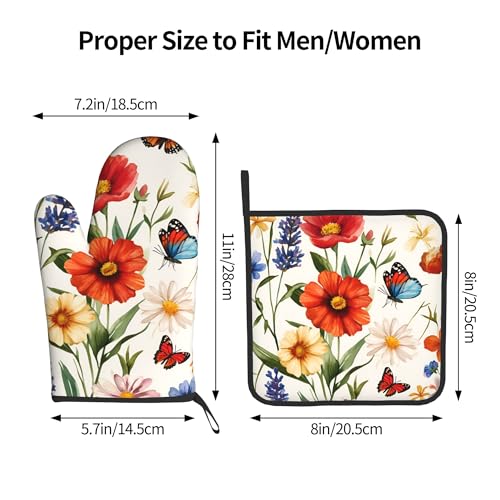 Cute Oven Mitts and Pot Holders Sets Poppy Daisy Flowers Kitchen Gloves Lavender Butterfly Hot Pads 2 Pieces Set Spring Summer Floral Kitchen Decor and Accessories (Poppy Daisy Lavender With Butterfly)