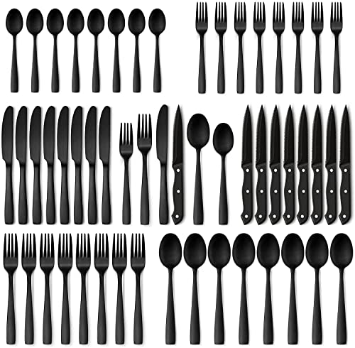 48 Piece Matte Black Silverware Set with Steak Knives