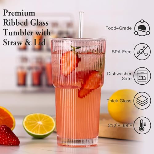 4PCS Colored Ribbed Glass Cups with Lids and Straws (Colored-4)
