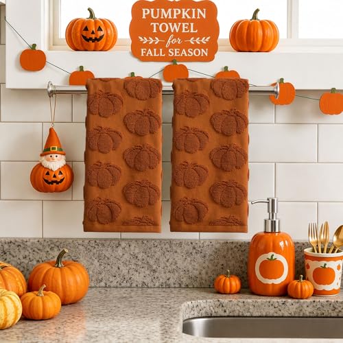 Fall Hand Towels 13.7x29.5 inch Set of 2 Autumn Thanksgiving 3D Rust Pumpkin Reversible Soft Absorbent Decorative Towels for Bathroom Kitchen Bar MJ03A (Rust Pumpkin / 13.7'' x 29.5'')