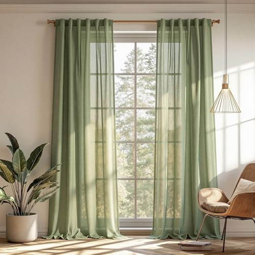 Sage Green Curtains 96 Inches Long for Living Room Sliding Glass Door Semi Sheer Drapes Light Filtering Window Treatments Soft Farmhouse Style Privacy Protect Back Tab (50"W x 96"L (Pack of 2) / Sage Green-new)