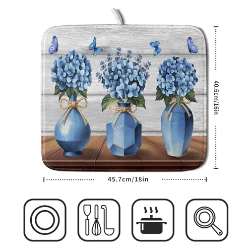 Blue Hydrangea Dish Drying Mat for Kitchen Vintage Wood Board Floral Butterfly Dish Drainer Mats 16x18inch Rustic Flowers Dish Drying Rack Pad Protector for Countertop Dining Decor (18" x 16")