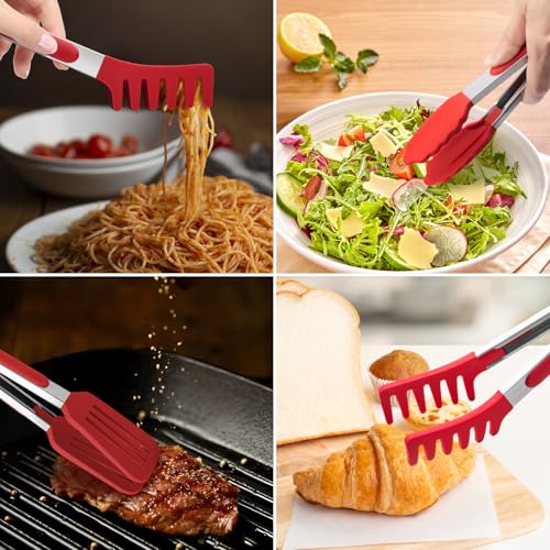 3 Pack Kitchen Tongs for Cooking with Silicone Tip (9 inch / Red 3Pcs)