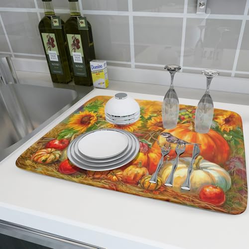 Vintage Fall Autumn Dish Drying Mat 18"x24" Large Rustic Pumpkin Sunflower Bird Dish Drainer Mats Thanksgiving Farmhouse Reversible Dish Drying Pad for Kitchen Countertop Dining Room (24" x 18")