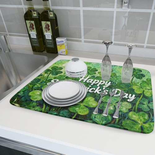 St Patricks Day Lucky Clover Dish Drying Mat for Kitchen Counter 18x24 Green Shamrock Happy Holiday Theme Absorbent Reversible Microfiber Drying Mats Kitchen Countertop Protector Dishes Drainer Pad (18" x 24")