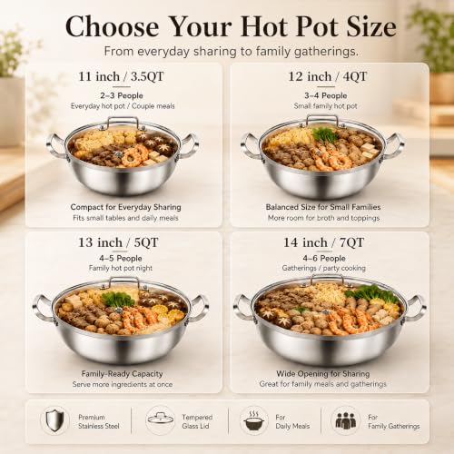 Tri Ply Stainless Steel Hot Pot 11 inch Everyday pan With lid (Silver / 3.5 Quarts)