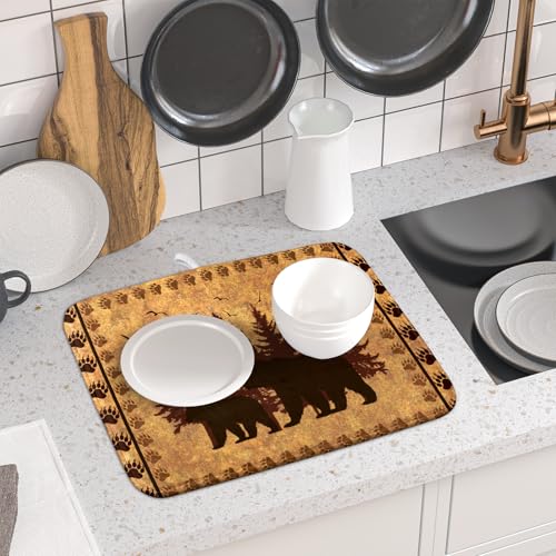 16"x18" Brown Bear Dish Drying Mat Rustic Forest Wildlife Woodland Dish Drainer Mats for Kitchen Countertop Farmhouse Animal Paw Print Fast Dry Microfiber Dish Drying Pad Decoration (18" x 16")