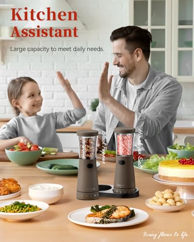 Electric Salt and Pepper Grinder Set with Storage Base (Caramel)