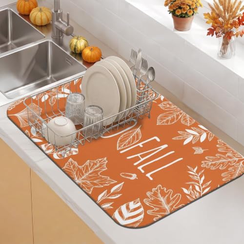 Fall Dish Drying Mat Autumn Decor Kitchen Countertop (Orange 3 / 23" x 15")