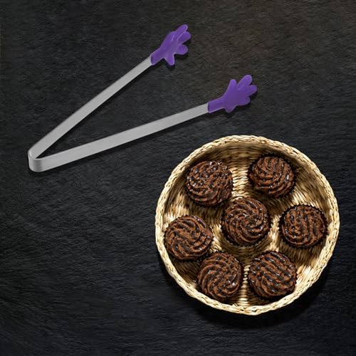 Mini Food Tongs 5.5" Pattern Shape Stainless Steel with Silicon Tips Small Cooking Tongs Kitchen Food Tongs Serving Tongs for Cooking Grilling BBQ Barbecue Kitchen (Purple)