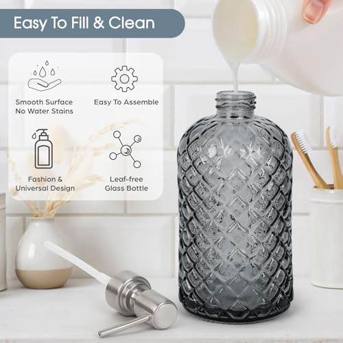 Gem Patterned Glass Soap Dispenser with Rust Proof Stainless Steel Pump (Stainless Steel Pump / Gem-grey)