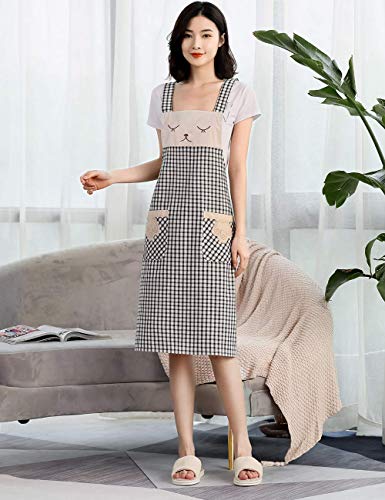 100% Cotton Cute Plaid Apron with Pockets (#2 Korean Black & White Gingham Cat)