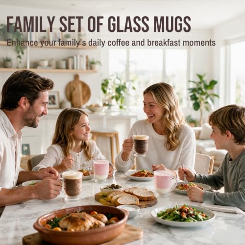 16oz Glass Coffee Mugs with Handle and Spoon Set of 4 Vintage Mug (Hobnail+Floral)
