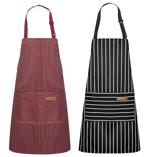 2 Pack Kitchen Apron with 2 Pockets for Women (Stripe Black Red / 2 Polycotton)
