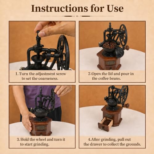 Vintage Manual Coffee Grinder with Cast Iron Ferris Wheel Hand Crank (Espresso Brown (Hexagon Base))