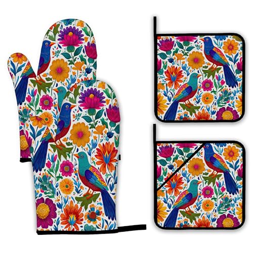 Colorful Bird Oven Mitts and Pot Holders (Colorful Bird Flowers Mexican Style)