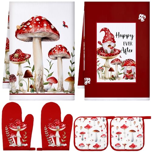 6 Pcs Mushroom Kitchen Towels Oven Mitts and Pot Holders (Red, Black / Christmas Mushroom Theme)