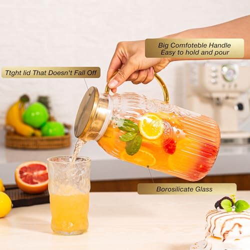 Glass Pitcher with Lid 68oz 2L Vintage Water Carafe Beverage 2Pack (68 Ounces (2 Pack))
