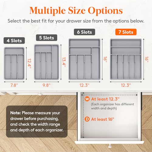 Silverware Drawer Organizer Tray (Gray / 12.3 x 16 inch (7 Slots))