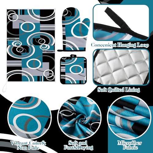 6 Pcs Kitchen Decor Set Accessory Farmhouse Kitchen Towels Pot Holders Oven Mitts Set 2 Dish Towels 2 Pot Holders 2 Cooking Mittens Oven Glove for Cooking (Teal,white, Gray / Geometric)