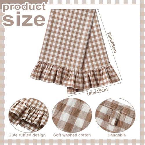 2 Pcs Taupe Gingham Kitchen Towels Cotton Ruffled (Taupe / Gingham)