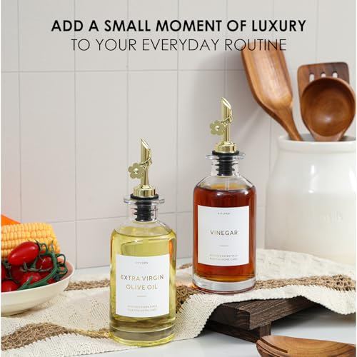 Olive Oil Dispenser for Kitchen (12oz-Clear&Gold Spout+Tray / 11.8 fl oz)