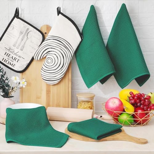 100% Cotton Waffle Weave Kitchen Dish Cloths 18 (Dark Green / 12 X 12 - 18 Pack)