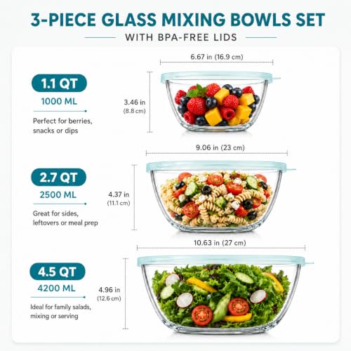 Glass Mixing Bowls with Lids Set (3 Pack Clear Blue)