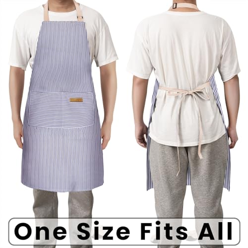 2 Pack Adjustable Bib Apron with 2 Pockets Chef Cooking Kitchen Restaurant Aprons for Women Men (Blue Pinstripes)