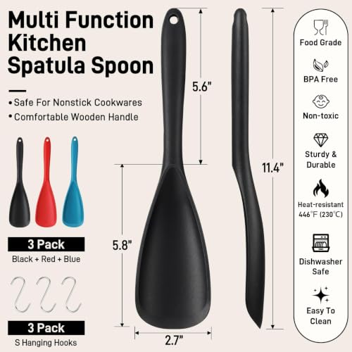 3 PACK Silicone Cooking Spatula & Spoon for Nonstick Cookware (Black, Red, Blue)