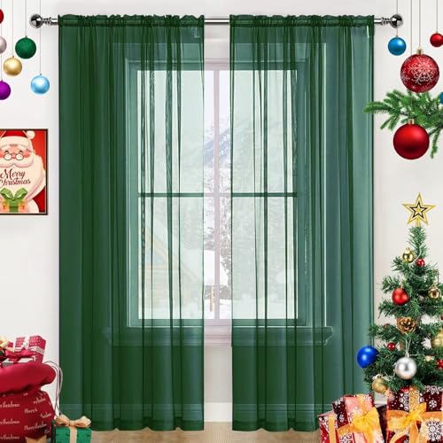 Sheer Voile Window Treatment Rod Pocket Curtain Panels for Kitchen Bedroom Living Room Drapes Sunlight Filtering Privacy Semi Home Decor Assorted Colors Sizes (Foliage Green / 52"W x 54"L (Pack of 2))