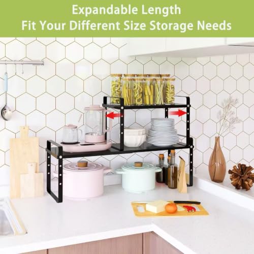 Expandable Cabinet Shelf Organizer Rack (8.7''D*15.7-25.6''W*9.8''H / Black-2 Pack)