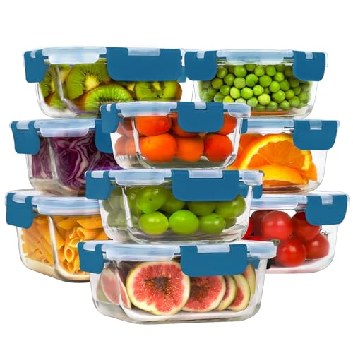 18 Piece Glass Food Storage Containers with Snap Locking Lids for Meal Prep (Deep Blue / 9 Pack)