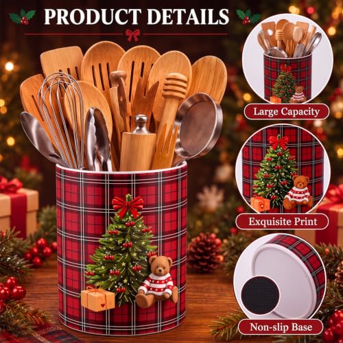Christmas Red Tartan Ceramic Utensil Holder (Red Plaid Bear)