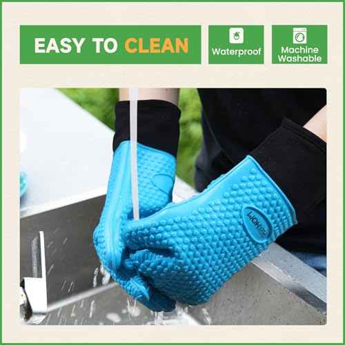 BBQ Gloves Heat Resistant Oven Mitts (Blue / Extra Large)