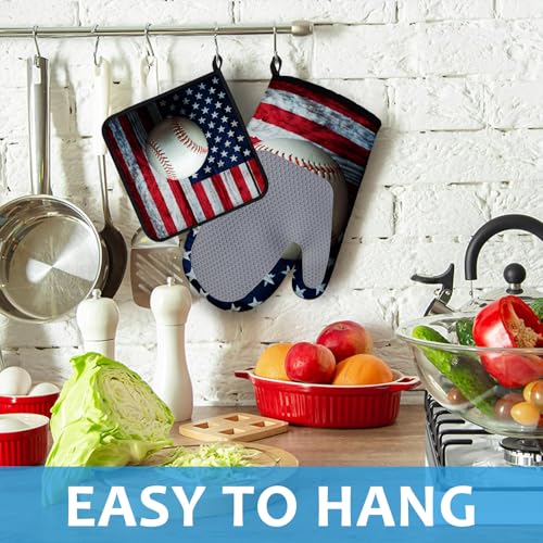 American Flag Baseball Oven Mitts and Pot Holders Sets Heat Resistant 4Pcs Potholders Oven Gloves Hot Pads for Kitchen Baking Cooking Grilling BBQ (American Flag Baseball)