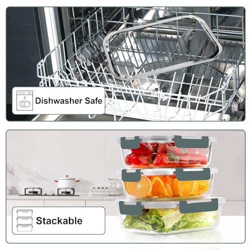 10 PACK 22 OZ Glass Meal Prep Containers Set with Lids (Grey)