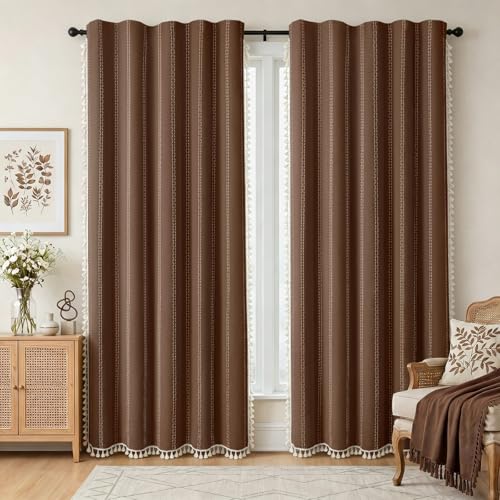 Brown 100% Boho Blackout Curtains 84 Inch 2 Panels with Tassels (Brown / 52"W x 84"L (Pack of 2))