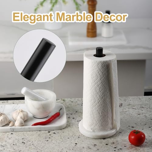 African Genuine Marble Paper Towel Holder Countertop (White Marble-black Rod / 6" Marble Base)